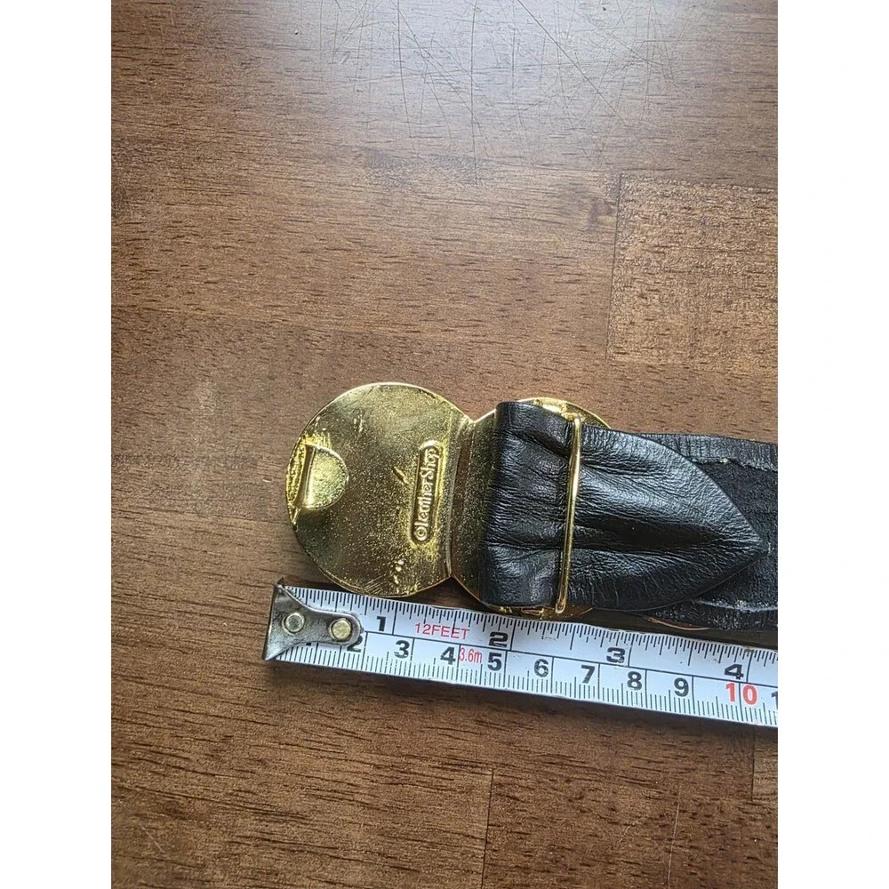 Vintage Leather Shop Black Leather Belt Gold Coin Medallion Roman Greek Bust
